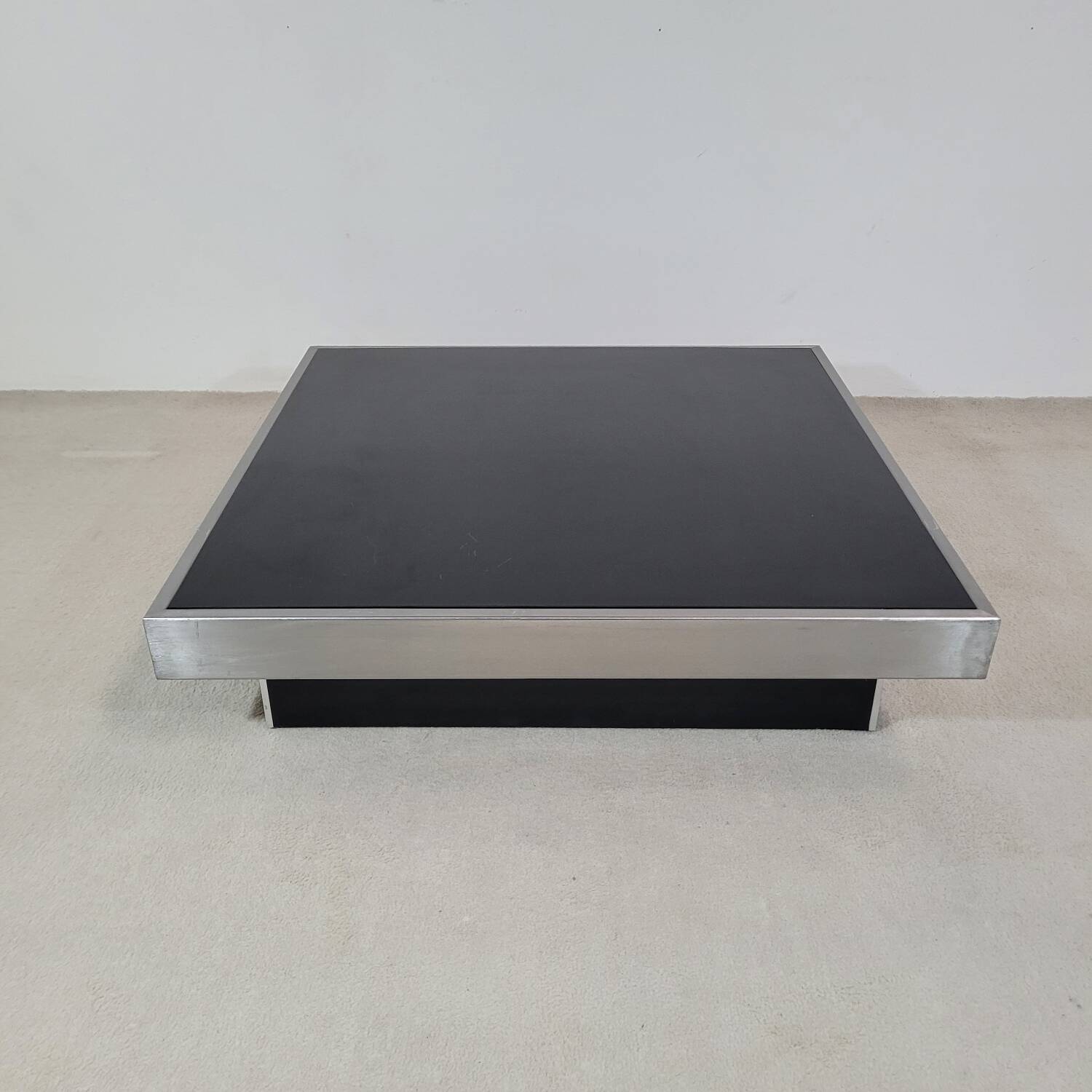 Large vintage black and stainless steel coffee table from the 1970s