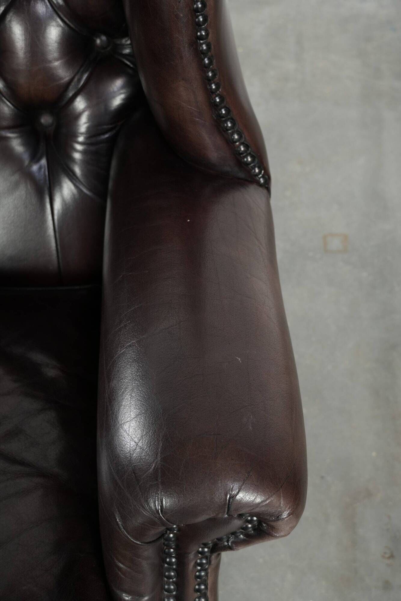 Dark brown cowhide Chesterfield wingback armchair in classic English style