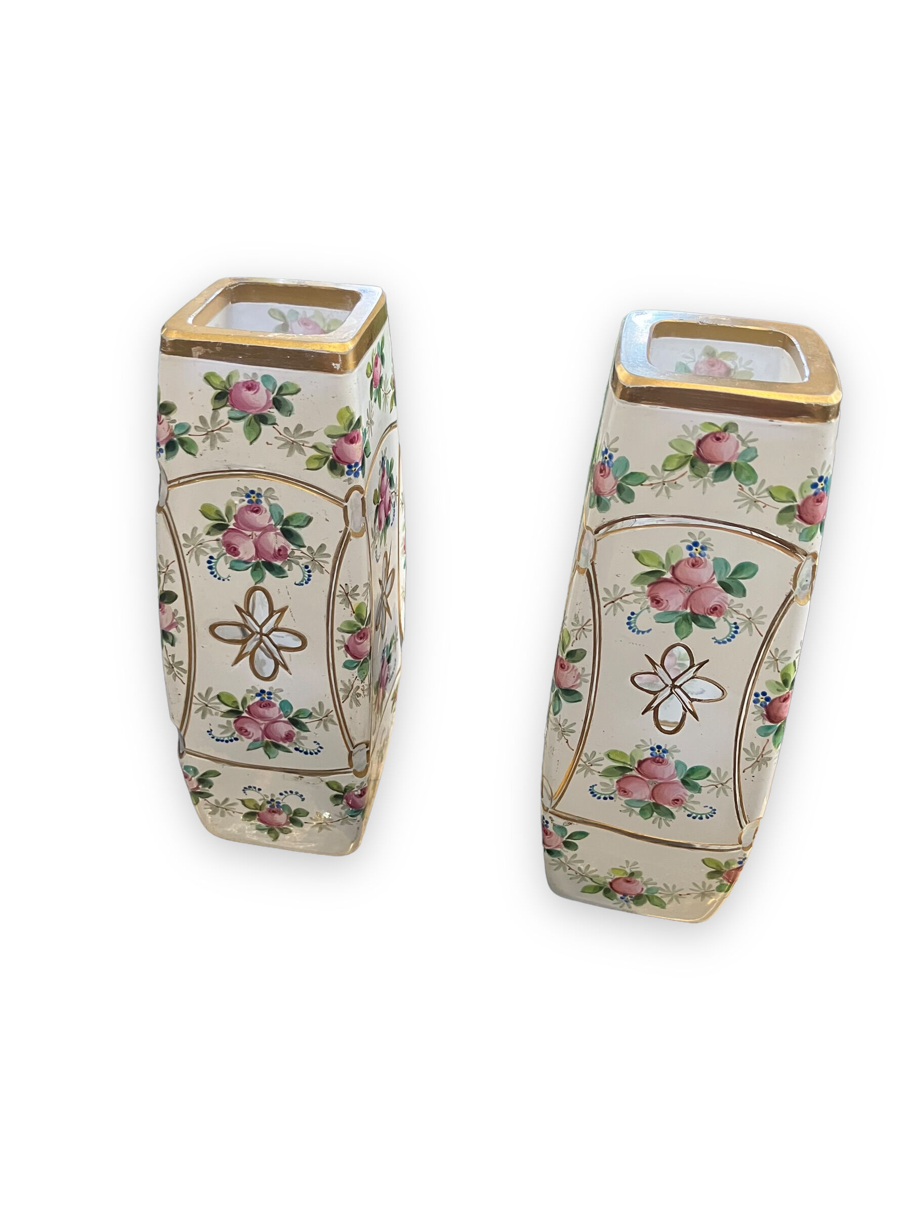 Pair of vases in enamelled and gilded crystal Rose motifs