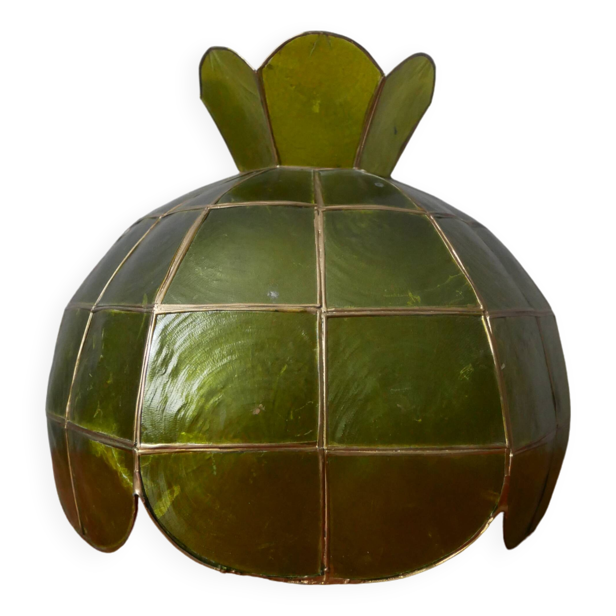 Vintage green and gold mother-of-pearl and brass pendant lampshade, bohemian country decoration