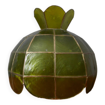 Vintage green and gold mother-of-pearl and brass pendant lampshade, bohemian country decoration