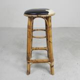Bamboo bar stool with leatherette seat in cow print, 1950s