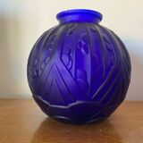 Ancien Vase Boule Art Déco Verre Moulé Bleu Tchèque Décoration Vintage