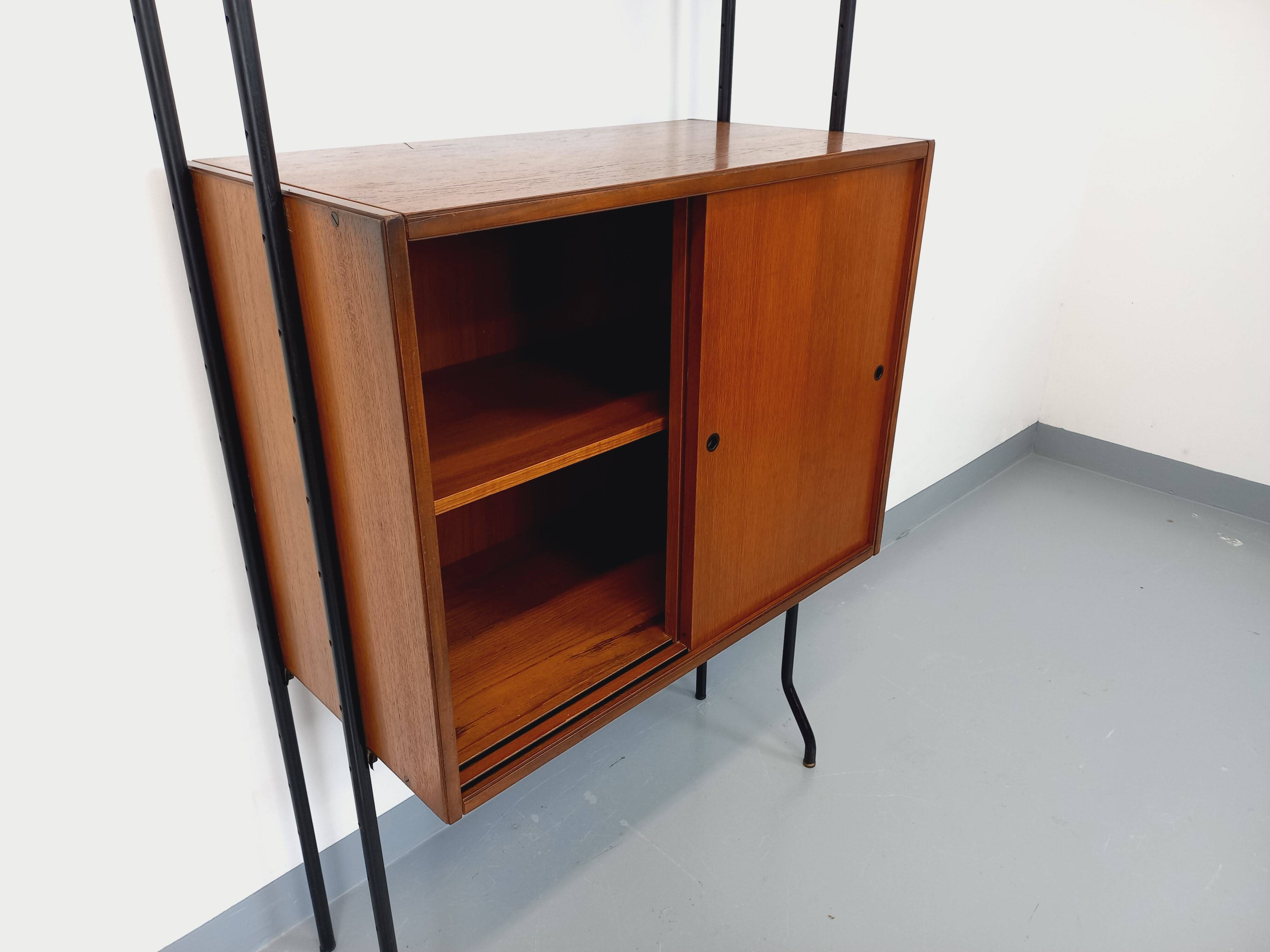 Vintage Italian modular shelving unit in teak and metal from the 1970s