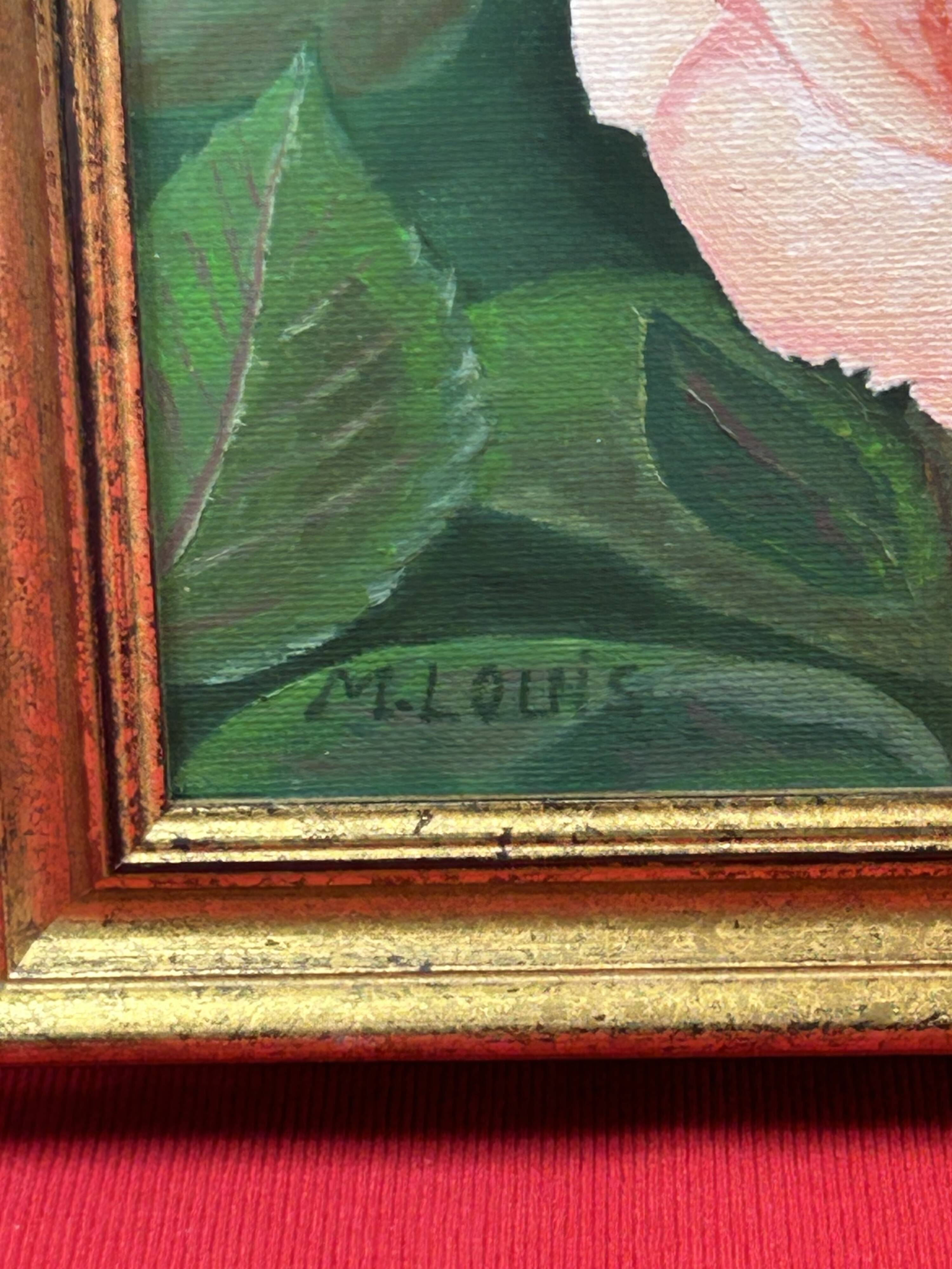 Oil on canvas, Kitsch - Roses lush greenery - Signed M. Louis