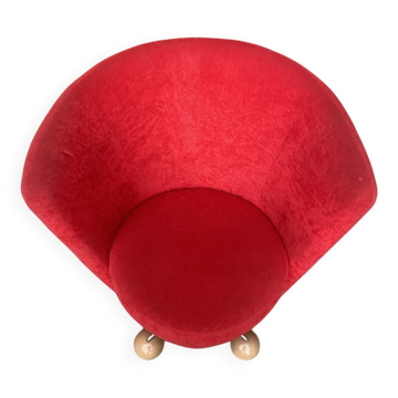 Vintage red cocktail chair in fabric, light wood ball feet - 1950s