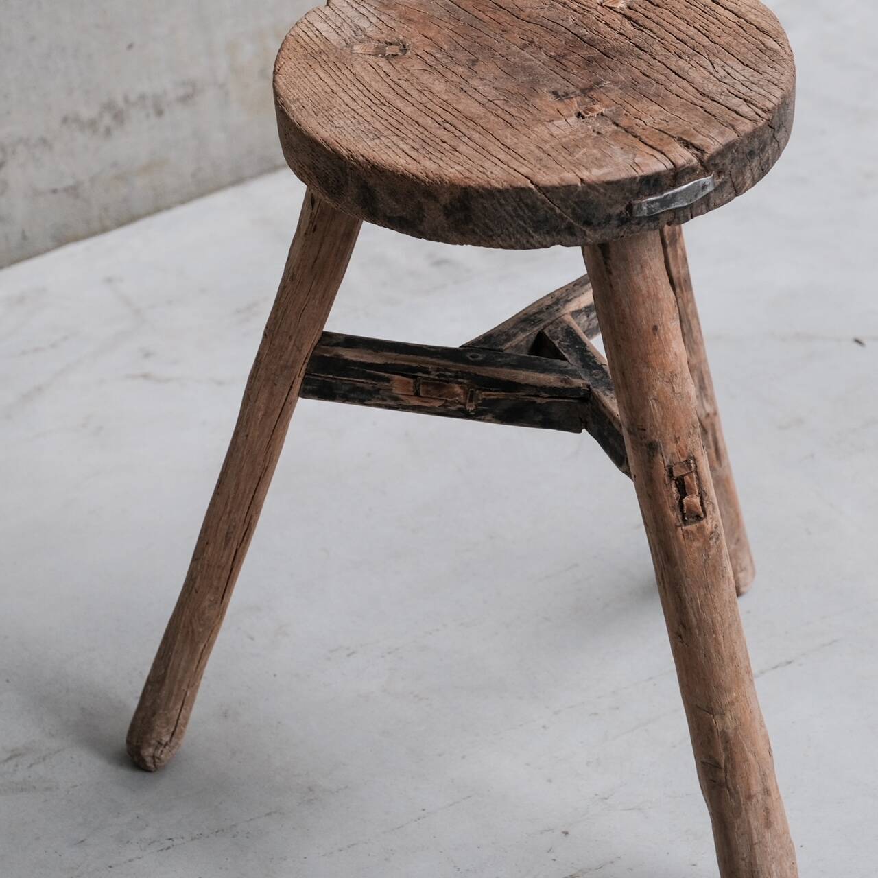 Primitive Mid-Century French Wooden Stool or Side Table