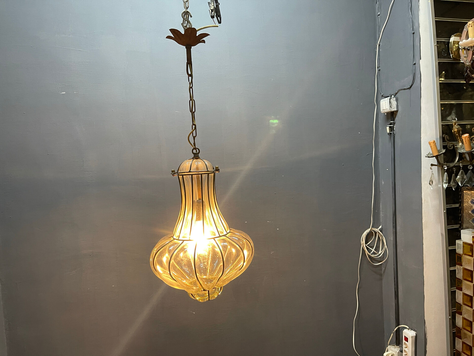 Wrought Iron Murano Glass Light Pendant 1950’s