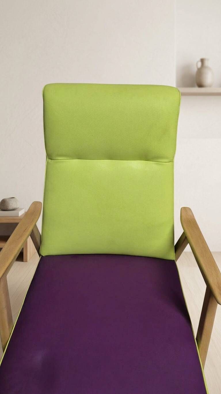 Pair of restored vintage armchairs, green and purple upholstery