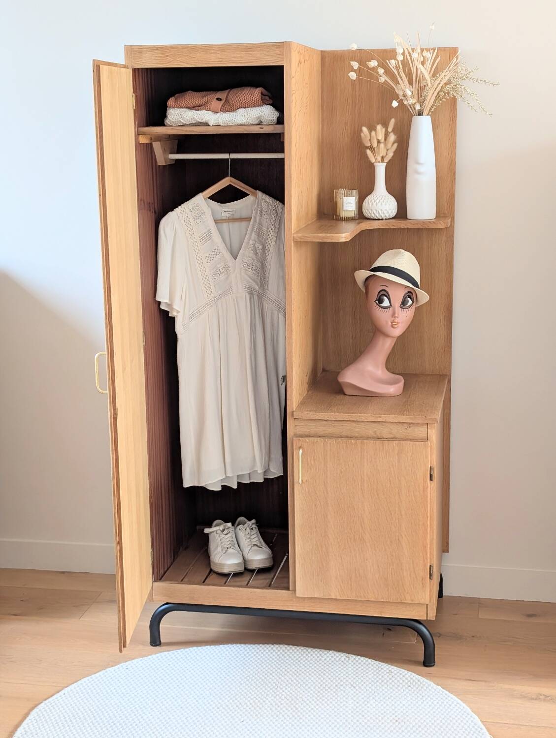 Renovated vintage 1950s oak boarding school wardrobe