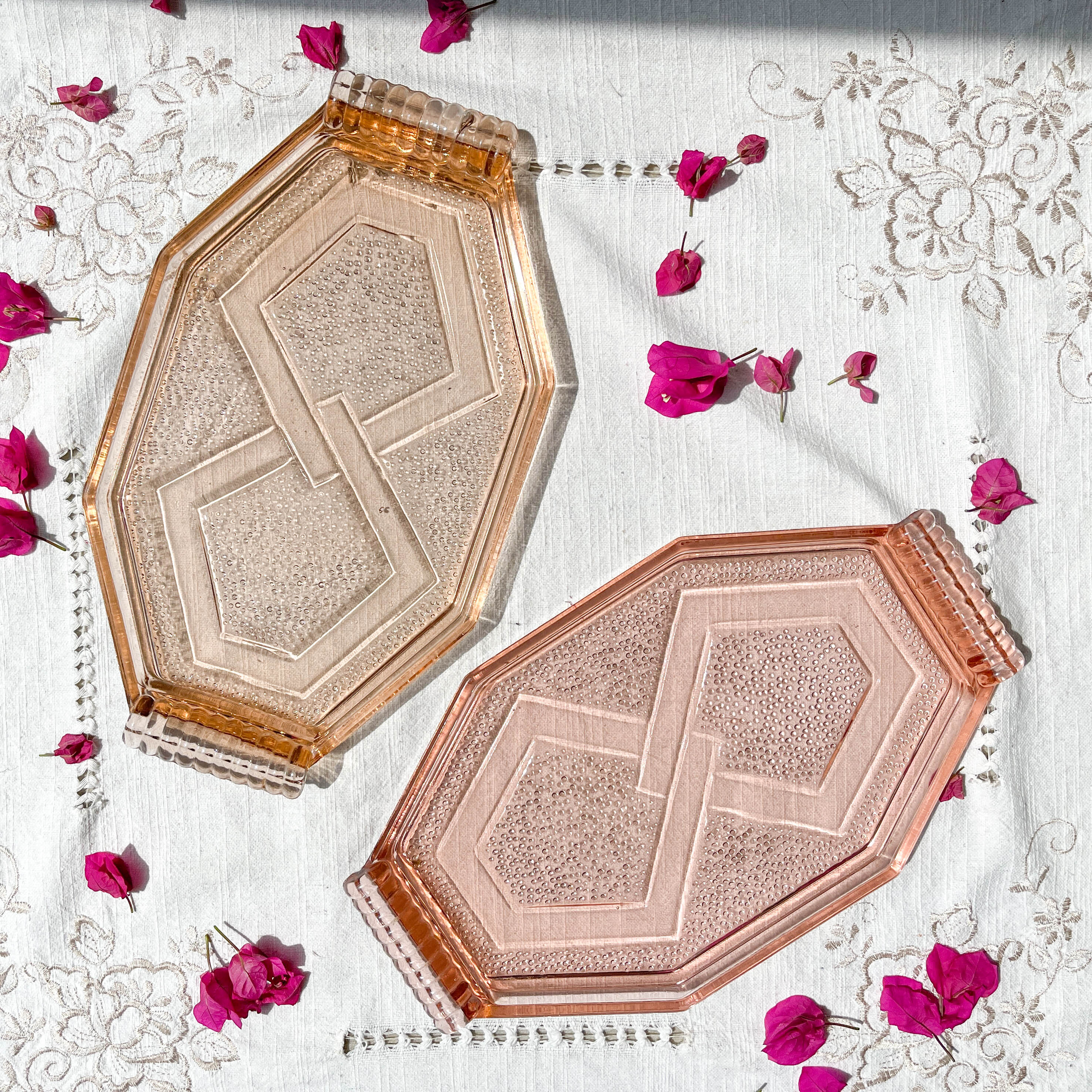 Small art deco pink glass serving trays