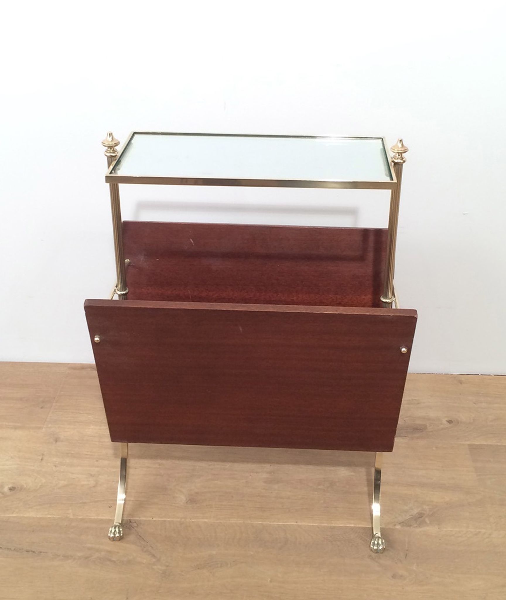 Neoclassical magazine rack in mahogany and brass