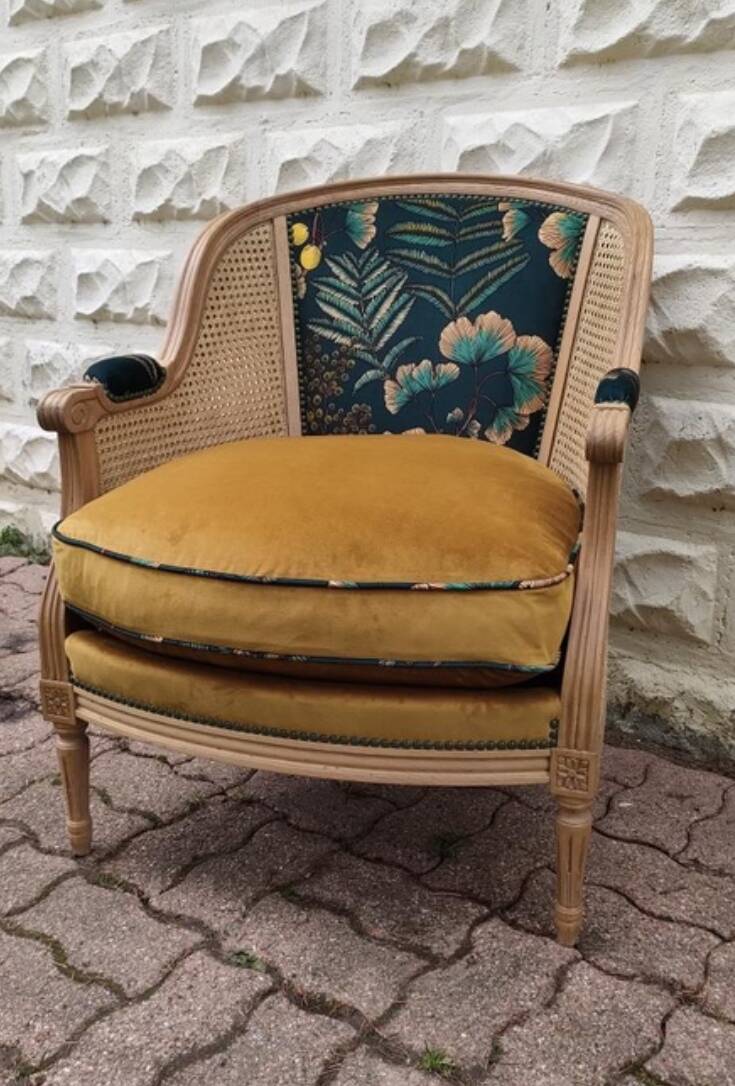 Fauteuil en bois, cannage et velours