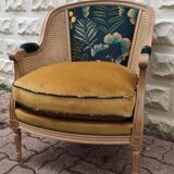 Cane and velvet armchair
