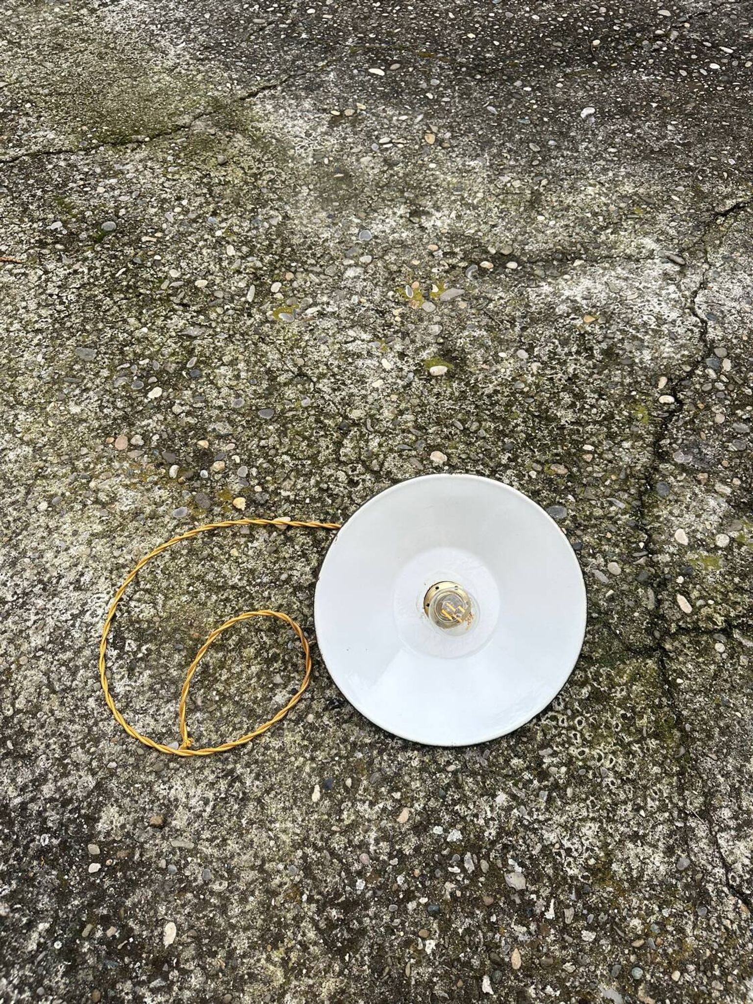 Old industrial black and white vintage enameled sheet metal pendant light