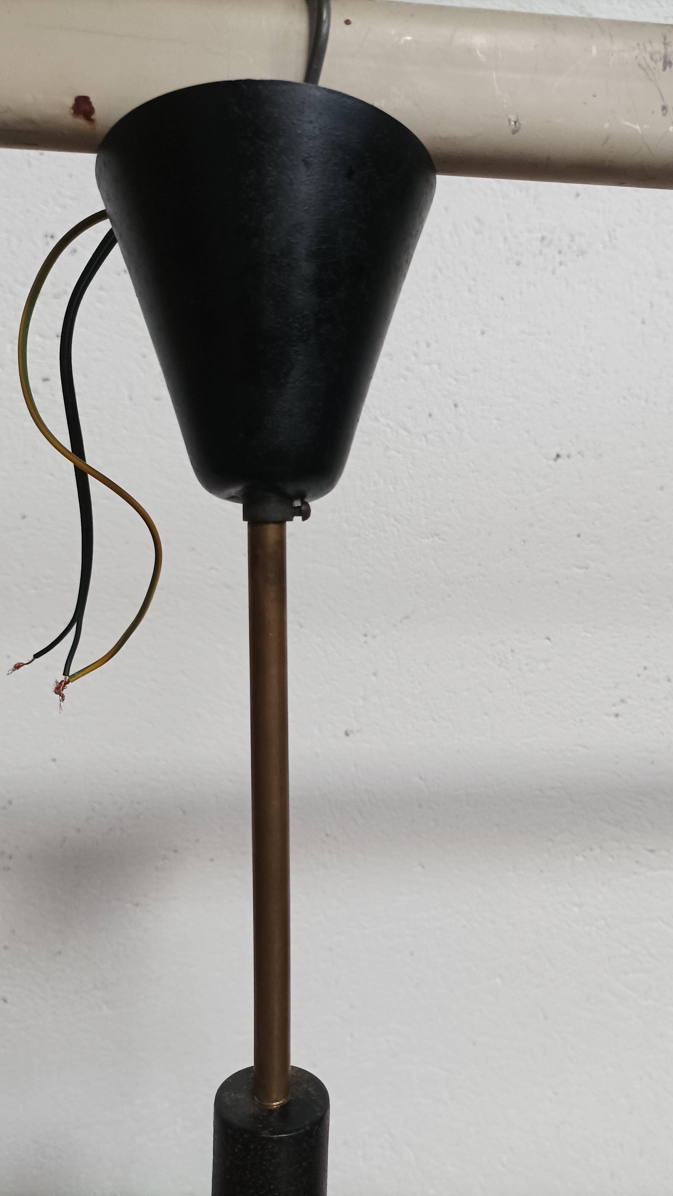 Teak, brass and opaline pendant light, Italy 1960