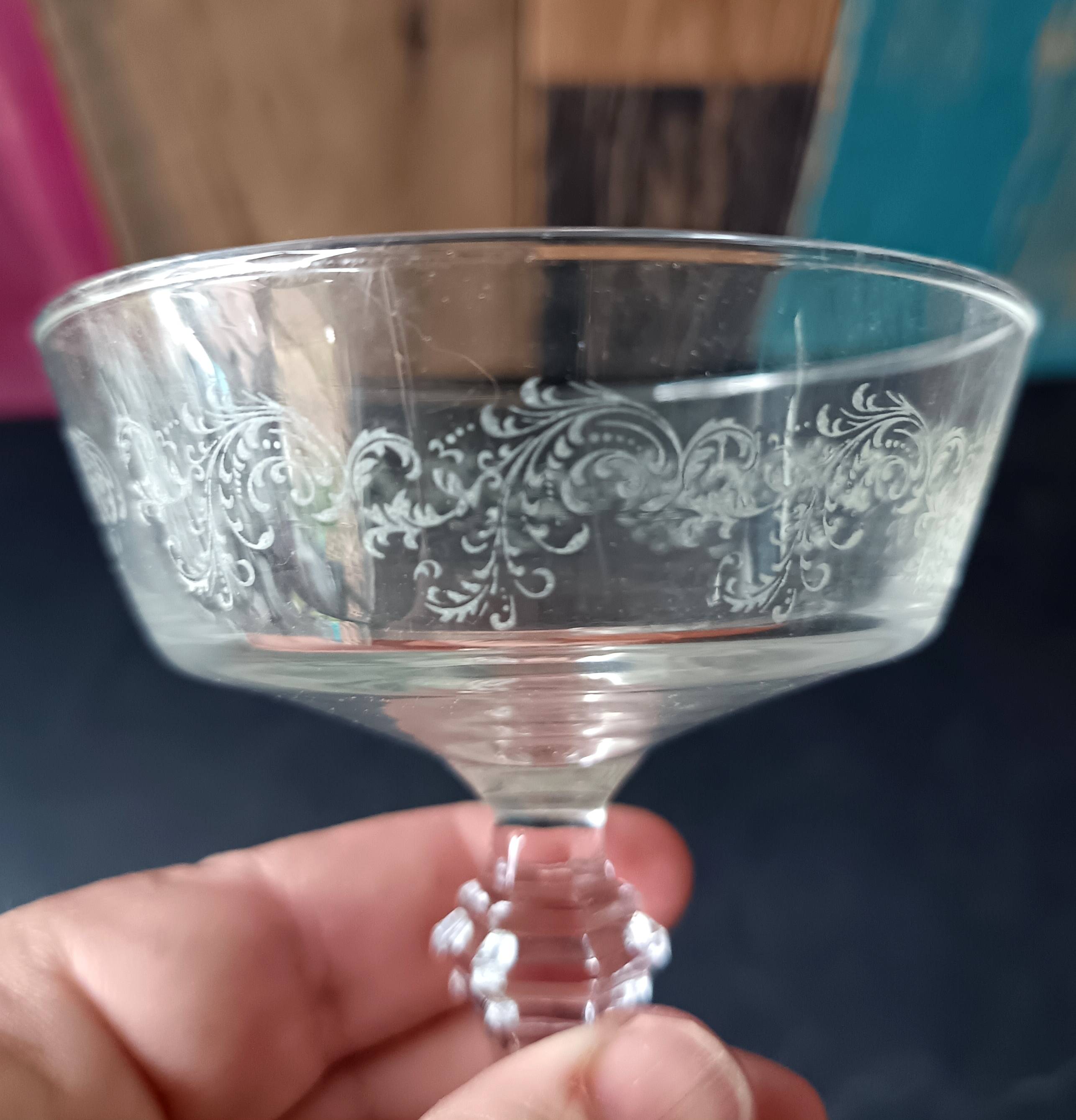 6 champagne coupes, vintage glass coupes
