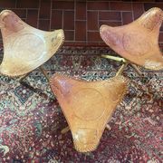 Tabourets tripodes mexicain vintage en bambou et cuir