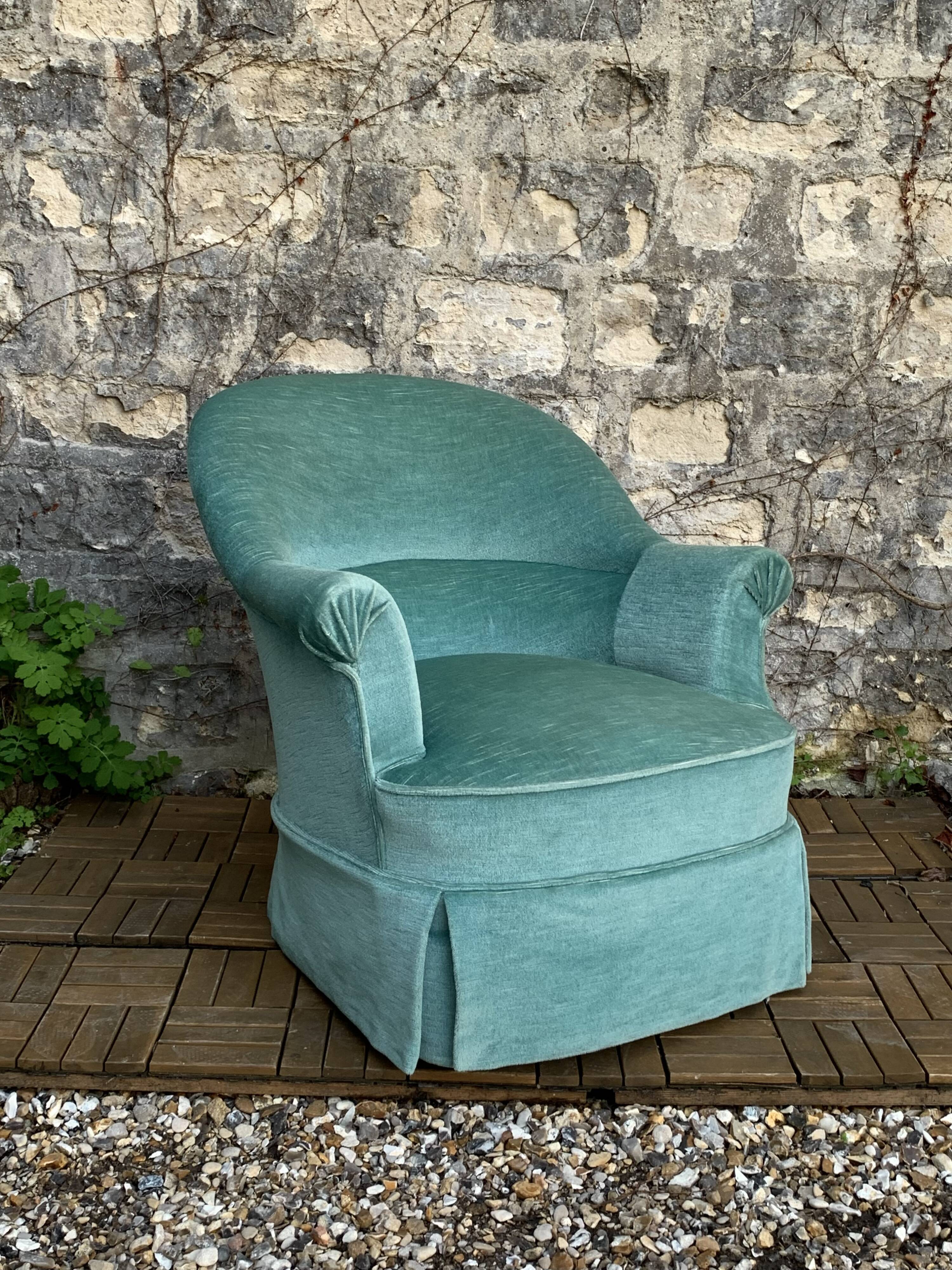 Pair of toad armchairs in water green velvet, 1970