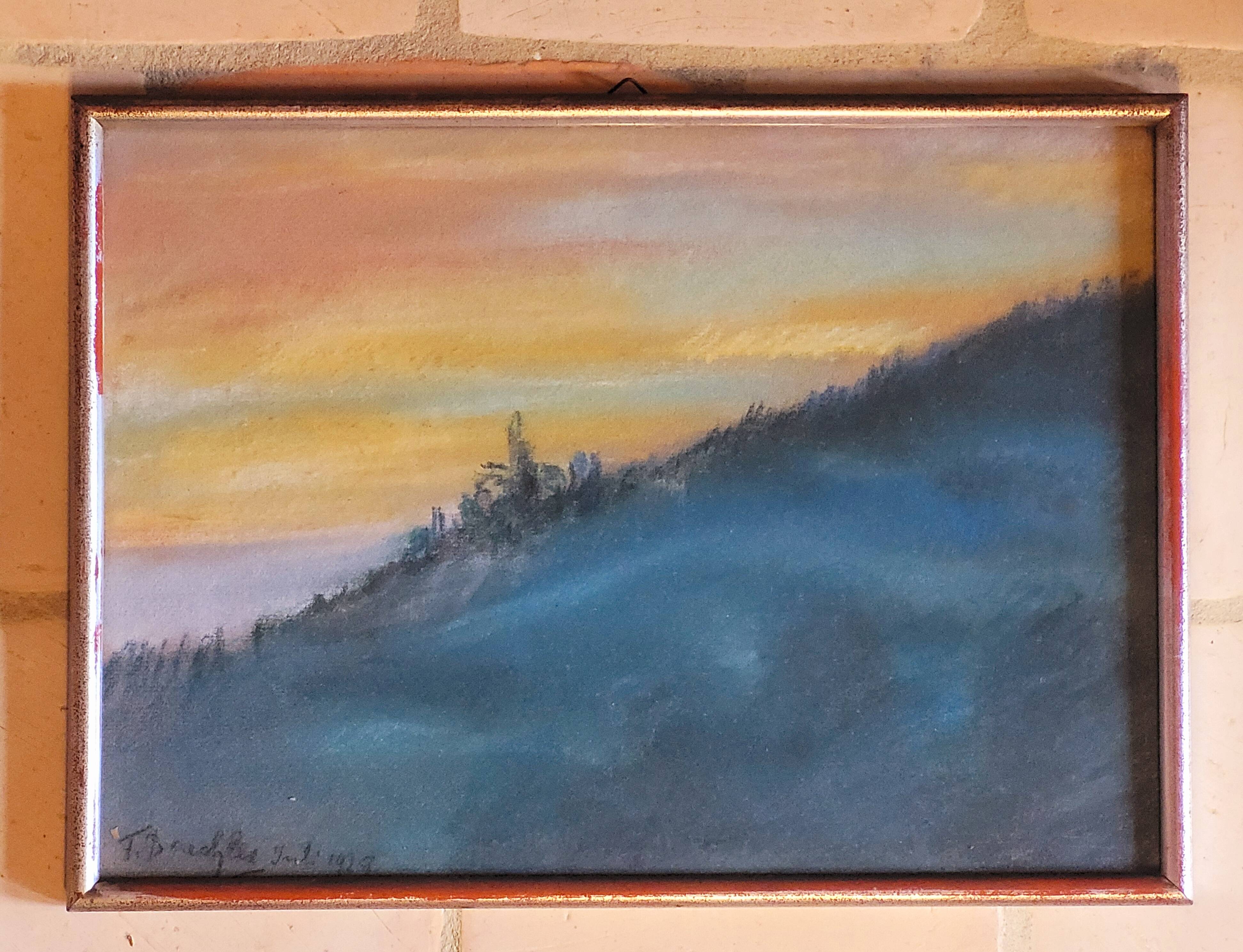 Vintage pastel painting of the Aurora Borealis, signed, 1930s Art Deco.