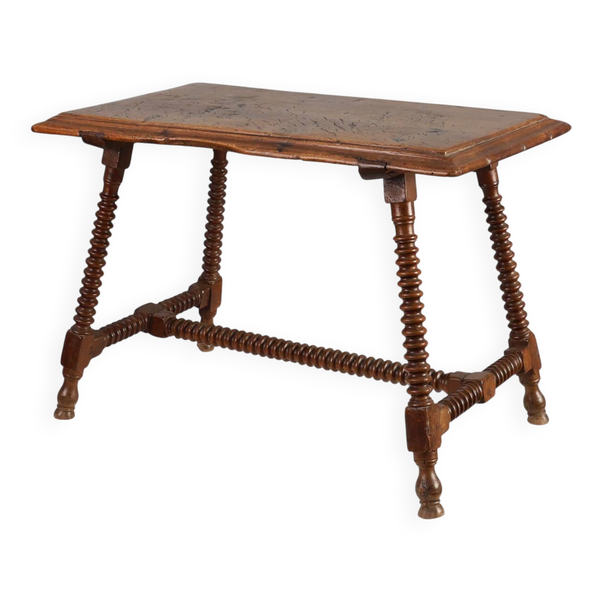 Antique Oak Side Table with Turned Legs and Stretcher Base, Spain, 17th Cen