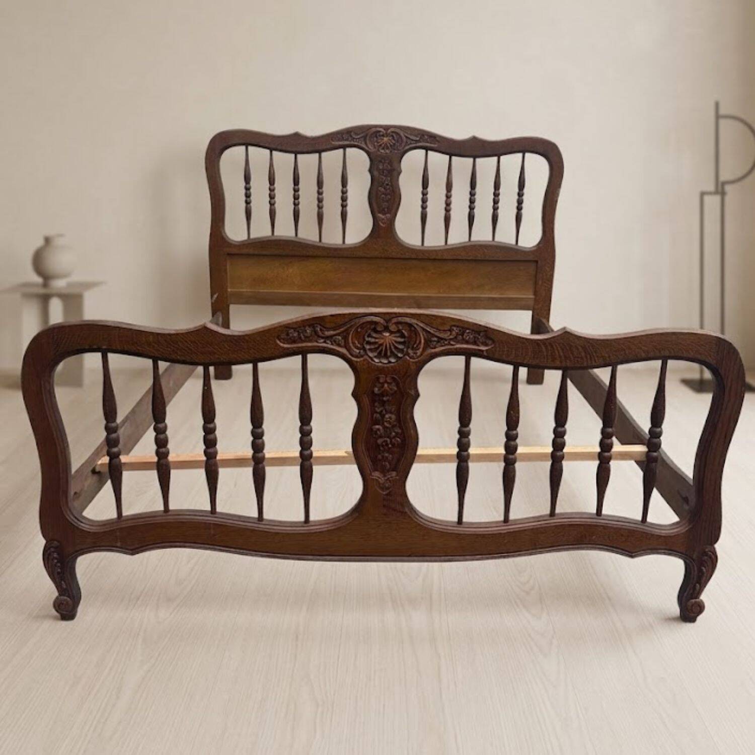 Vintage carved wooden bed frame, ornamental headboard & footboard, first half 20th century