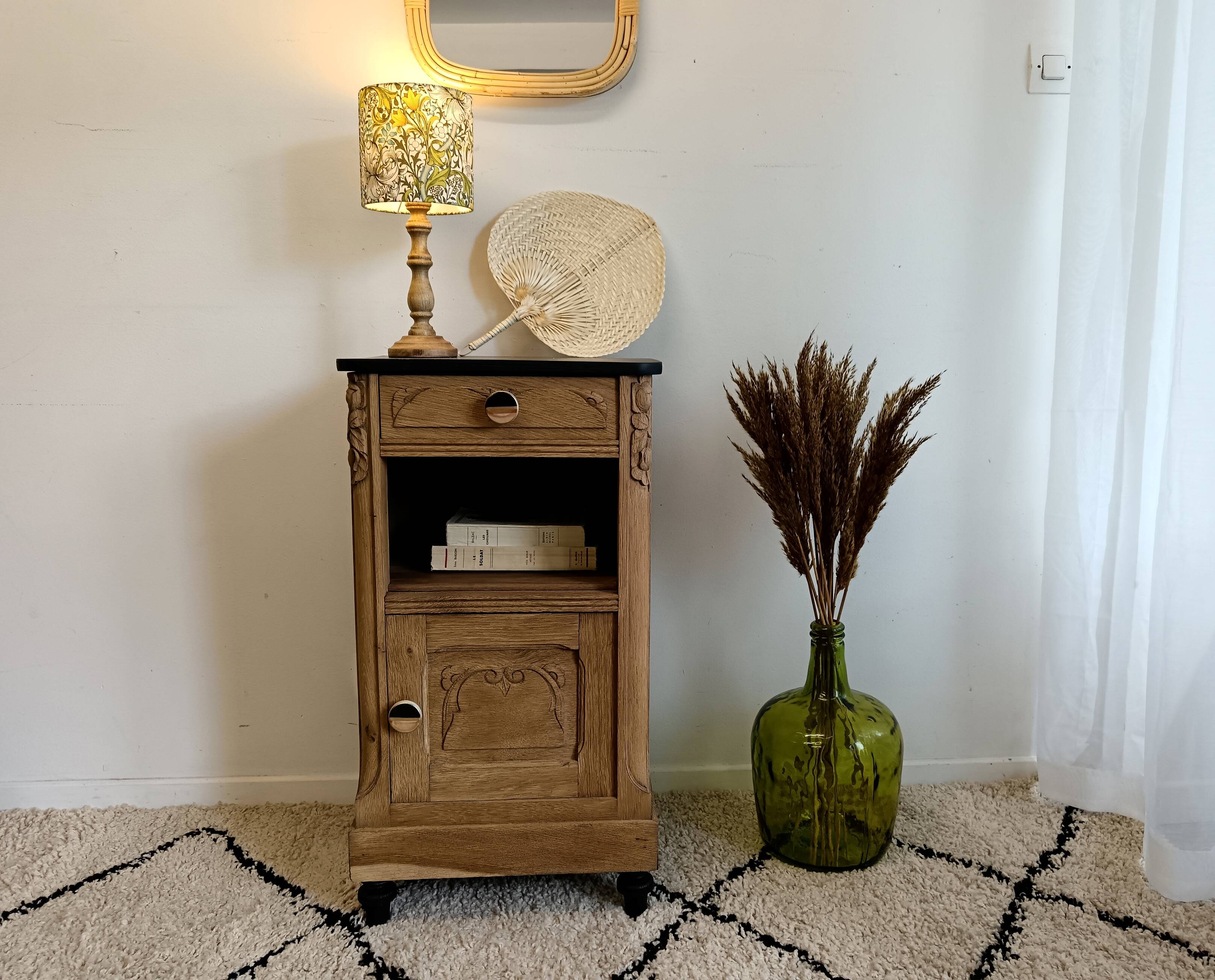 Bedside table in solid black oak and natural Art Deco wood