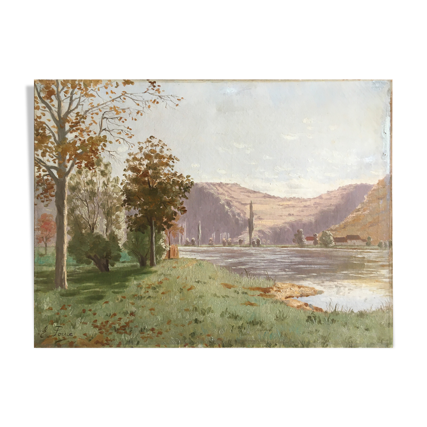 Ancient painting "Landscape at the River" E. Poux Doubs signed cf. Isenbart Charigny