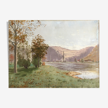 Tableau ancien "Paysage à la rivière" E. Poux Doubs signé cf. Isenbart Charigny
