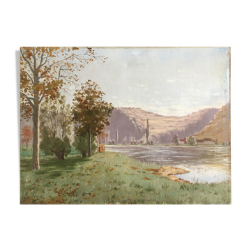 Tableau ancien "Paysage à la rivière" E. Poux Doubs signé cf. Isenbart Charigny