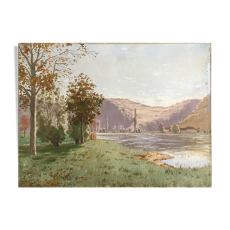 Tableau ancien "Paysage à la rivière" E. Poux Doubs signé cf. Isenbart Charigny