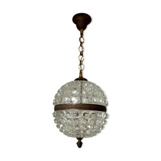 Antique suspension, structured glass globe and golden brass