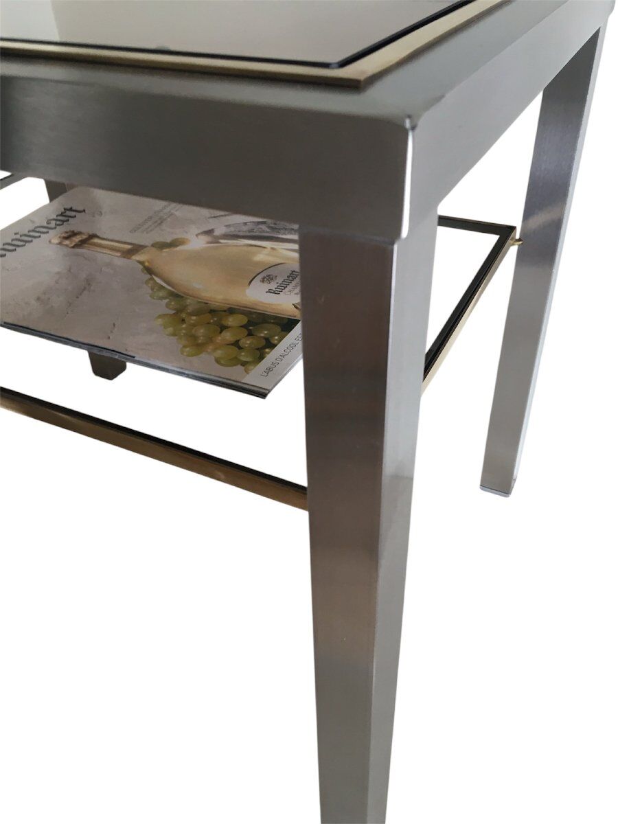 Pair of Brushed Steel Side Tables, Smoked Glass by Guy Lefèvre