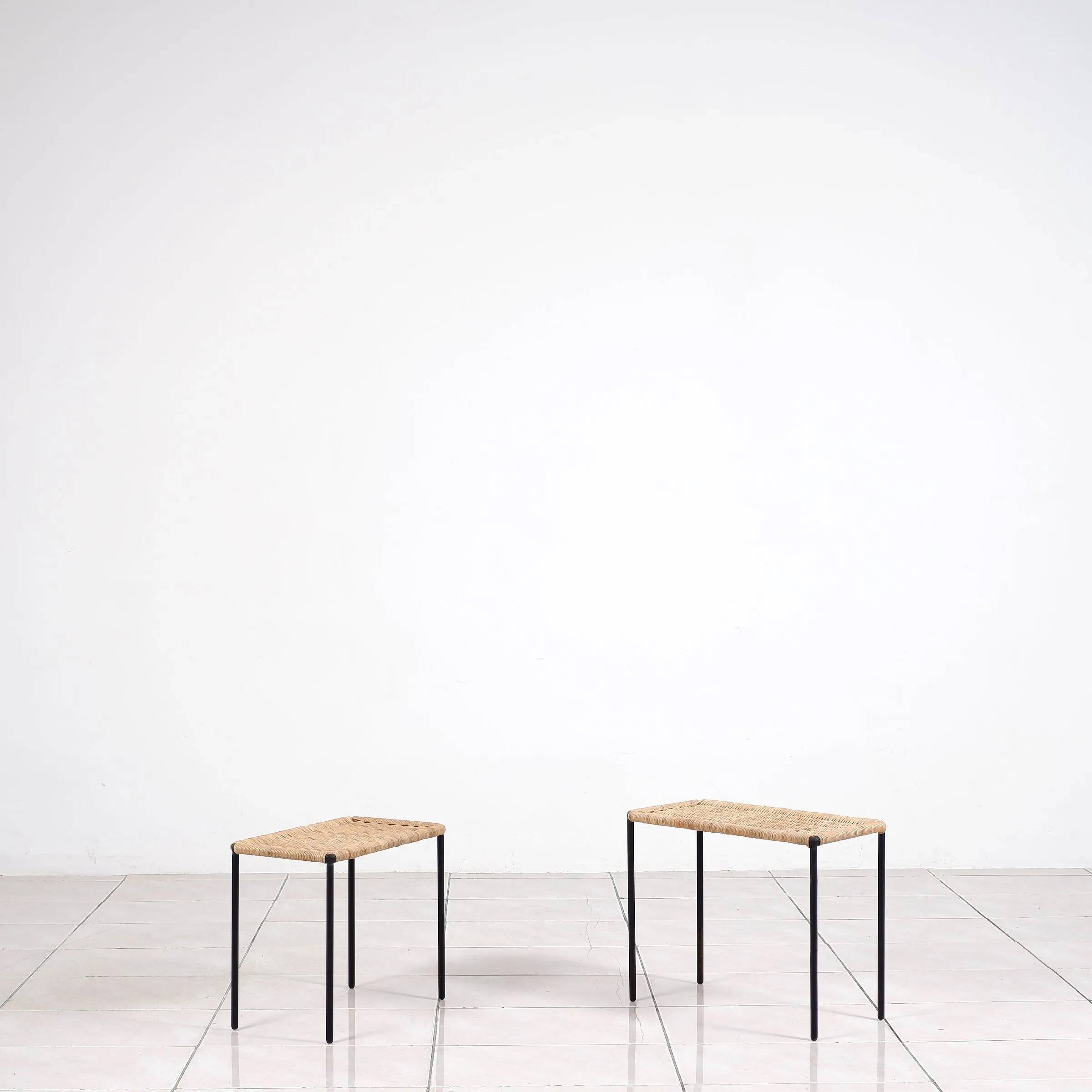 Nesting tables in metal / rattan by Carl Auböck