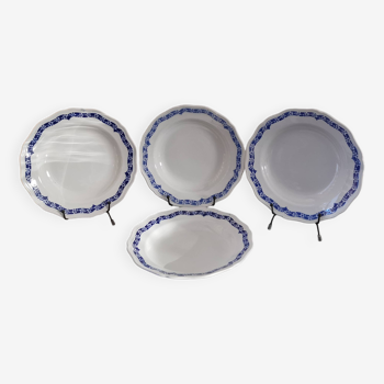 4 soup plates white background, blue decoration L'AMANDINOISE 2586