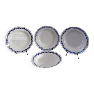 4 soup plates white background, blue decoration L'AMANDINOISE 2586