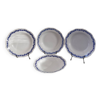 4 assiettes creuses fond blanc, décor bleu l'Amandinoise 2586
