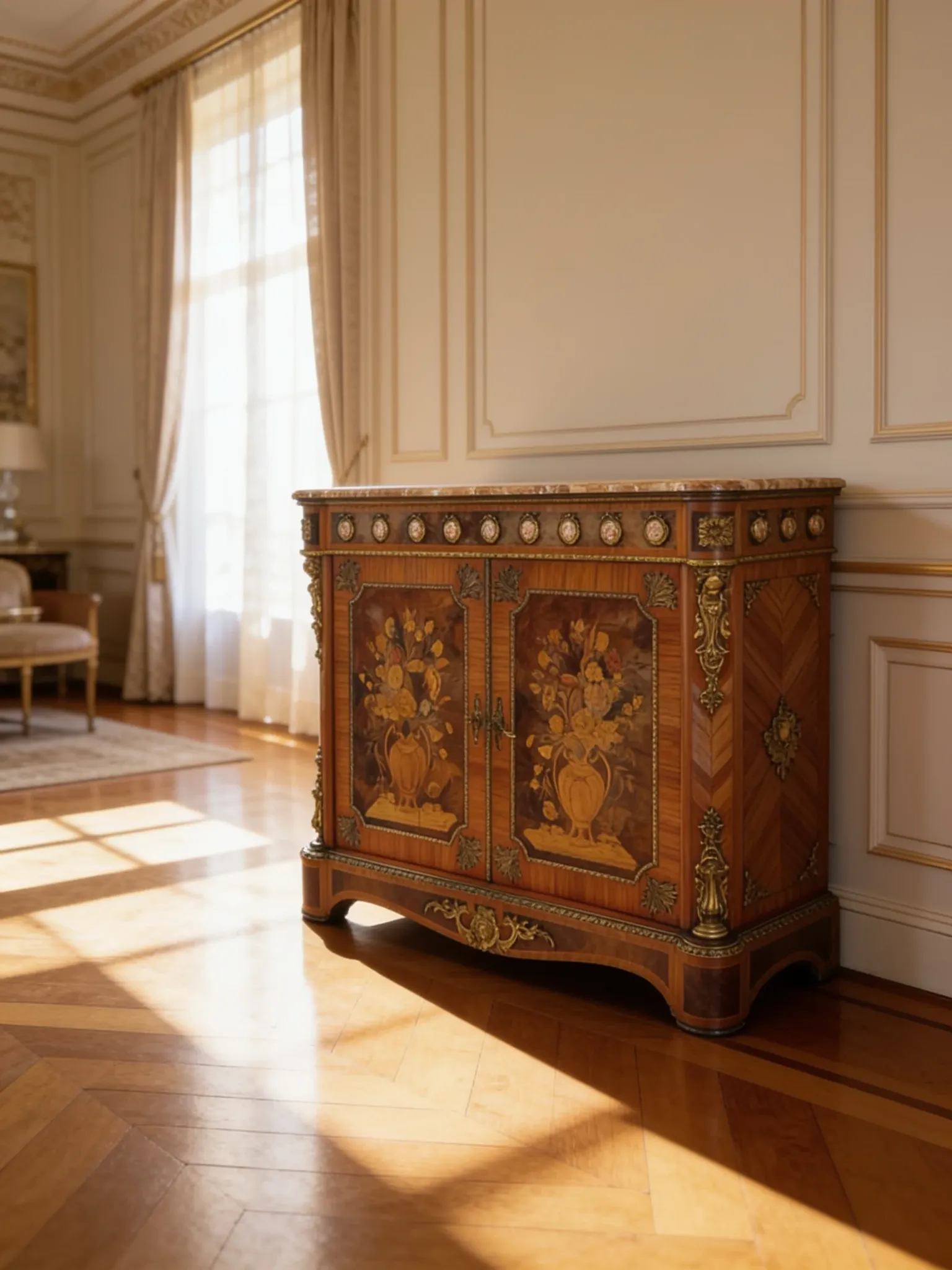 An antique French Louis XVI-style marble-top side cabinet