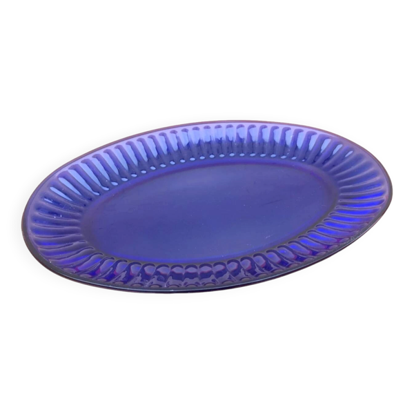Plat de service de forme ovale verre transparent bleu cobalt, Années 1970