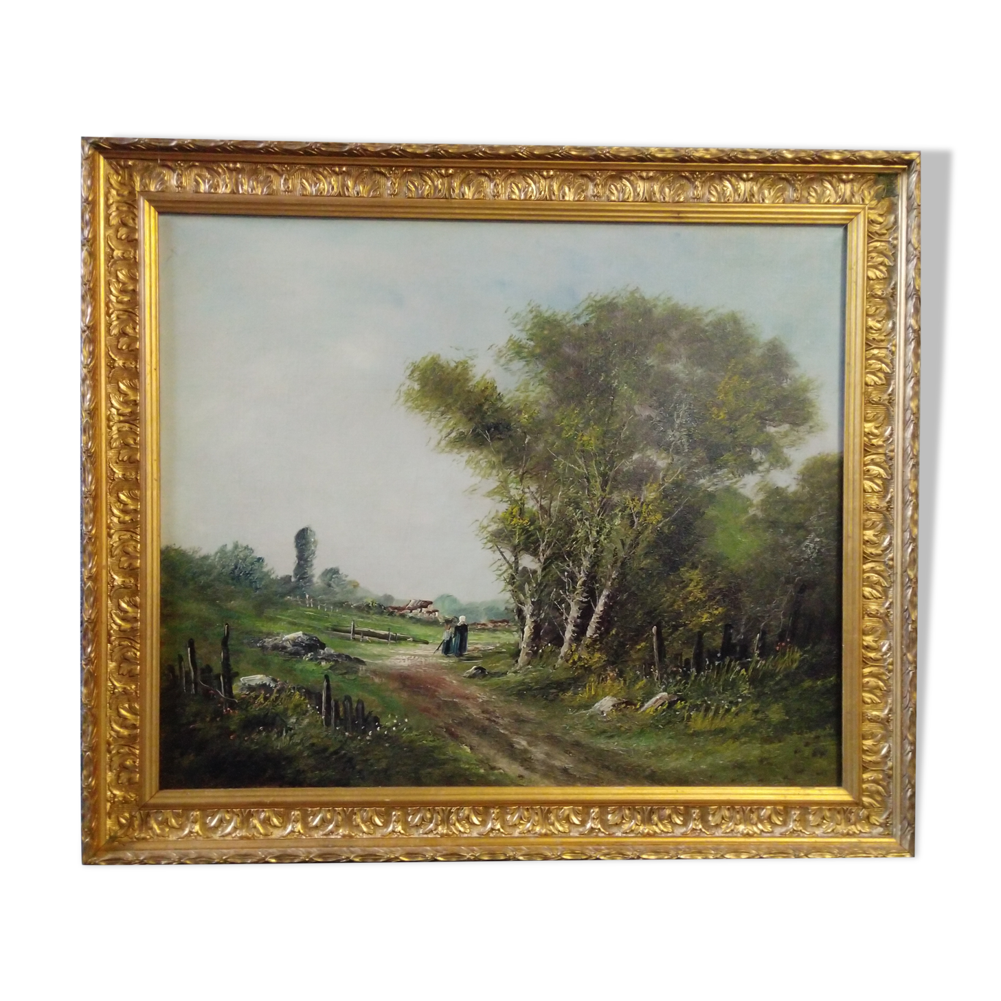 Oil on canvas painting characters on a country road