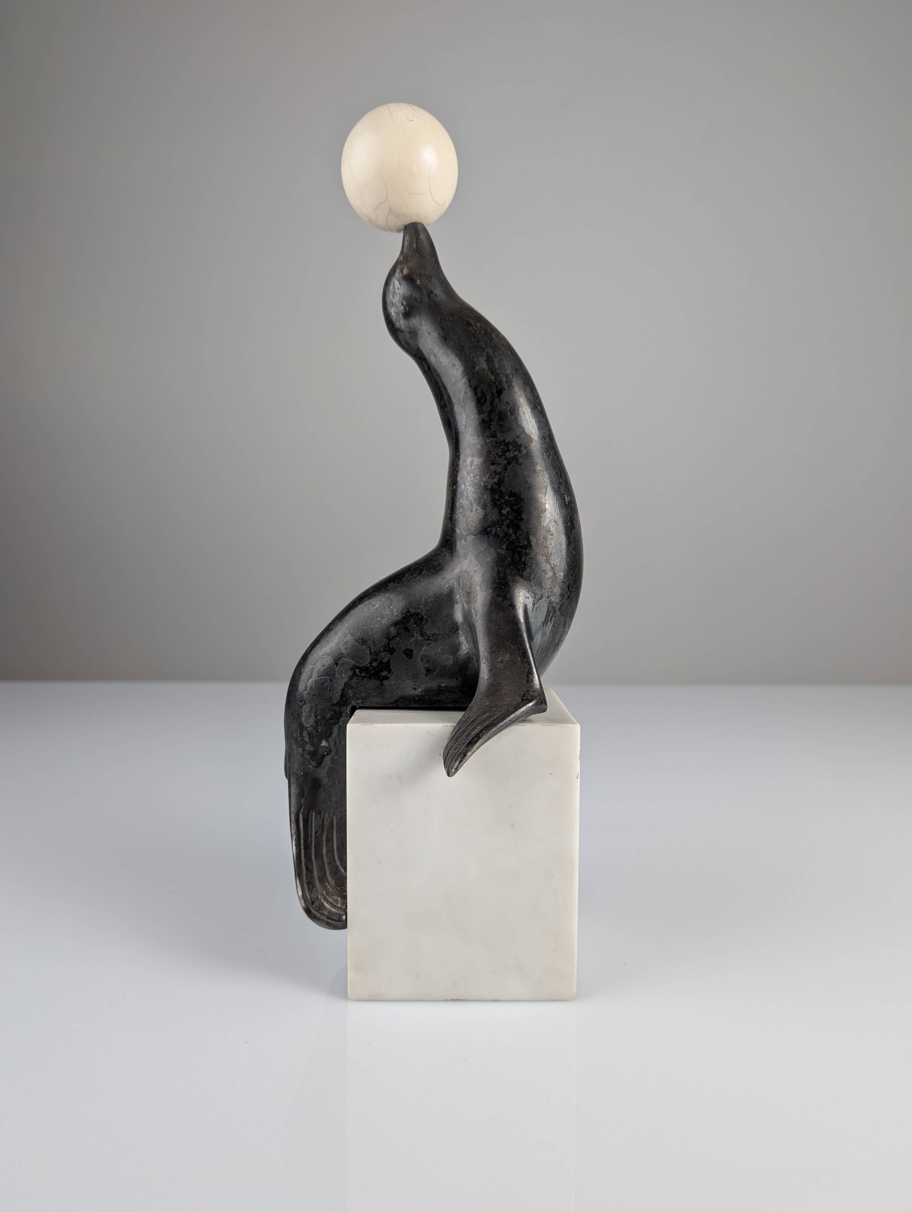 Art Deco Chryselephantine Sculpture Sea Lion att. Marcel-André Bouraine, 1900s