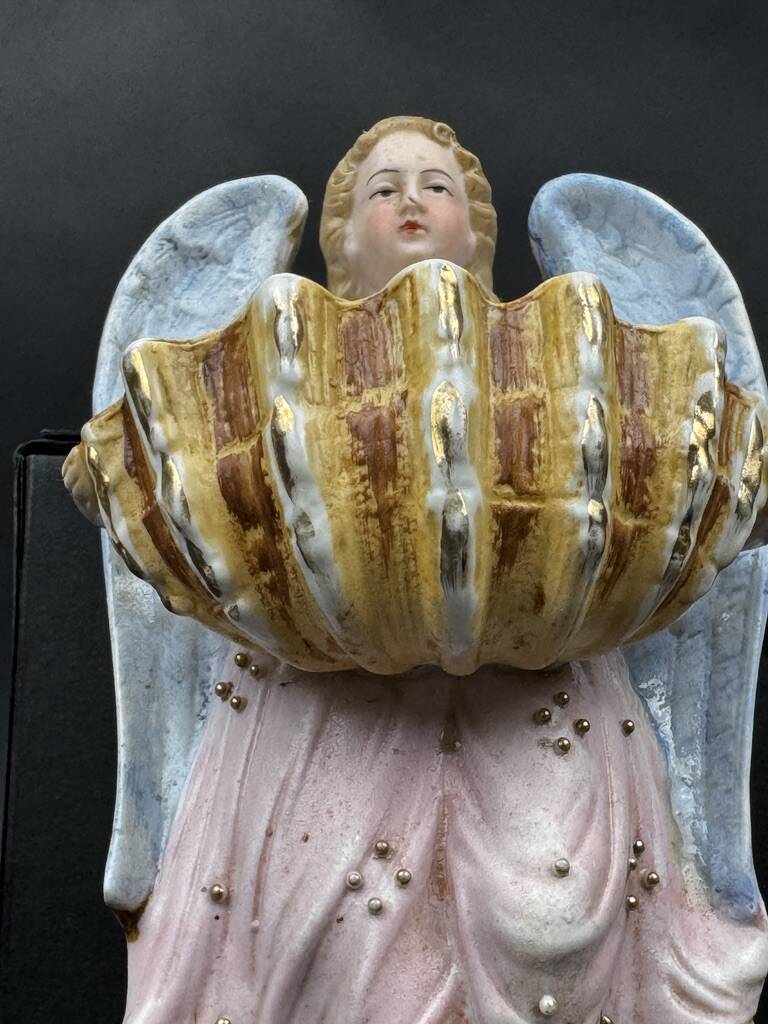 19th century polychrome plaster angel wall stoup