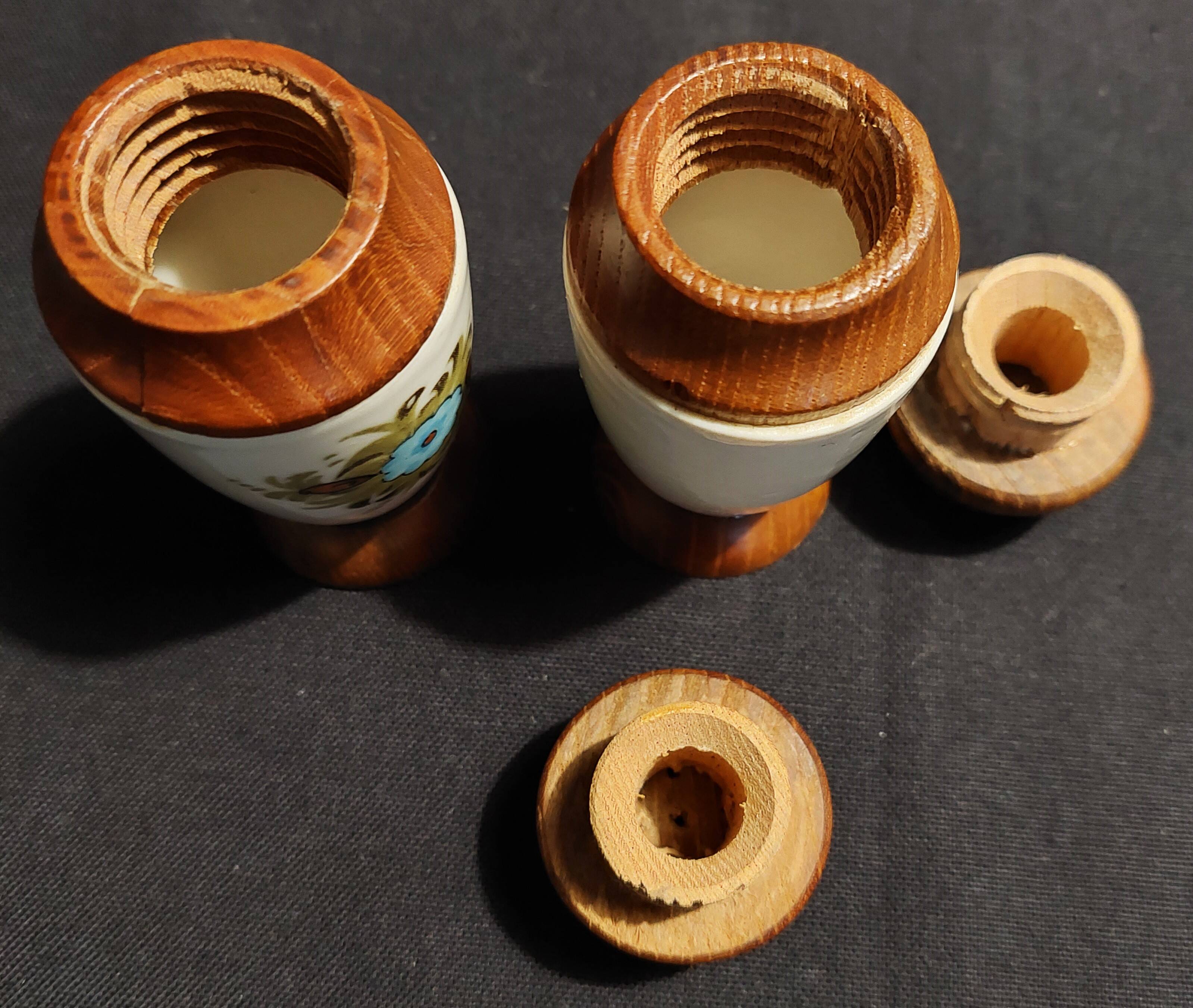 Pair of vintage ceramic and wood salt and pepper shakers