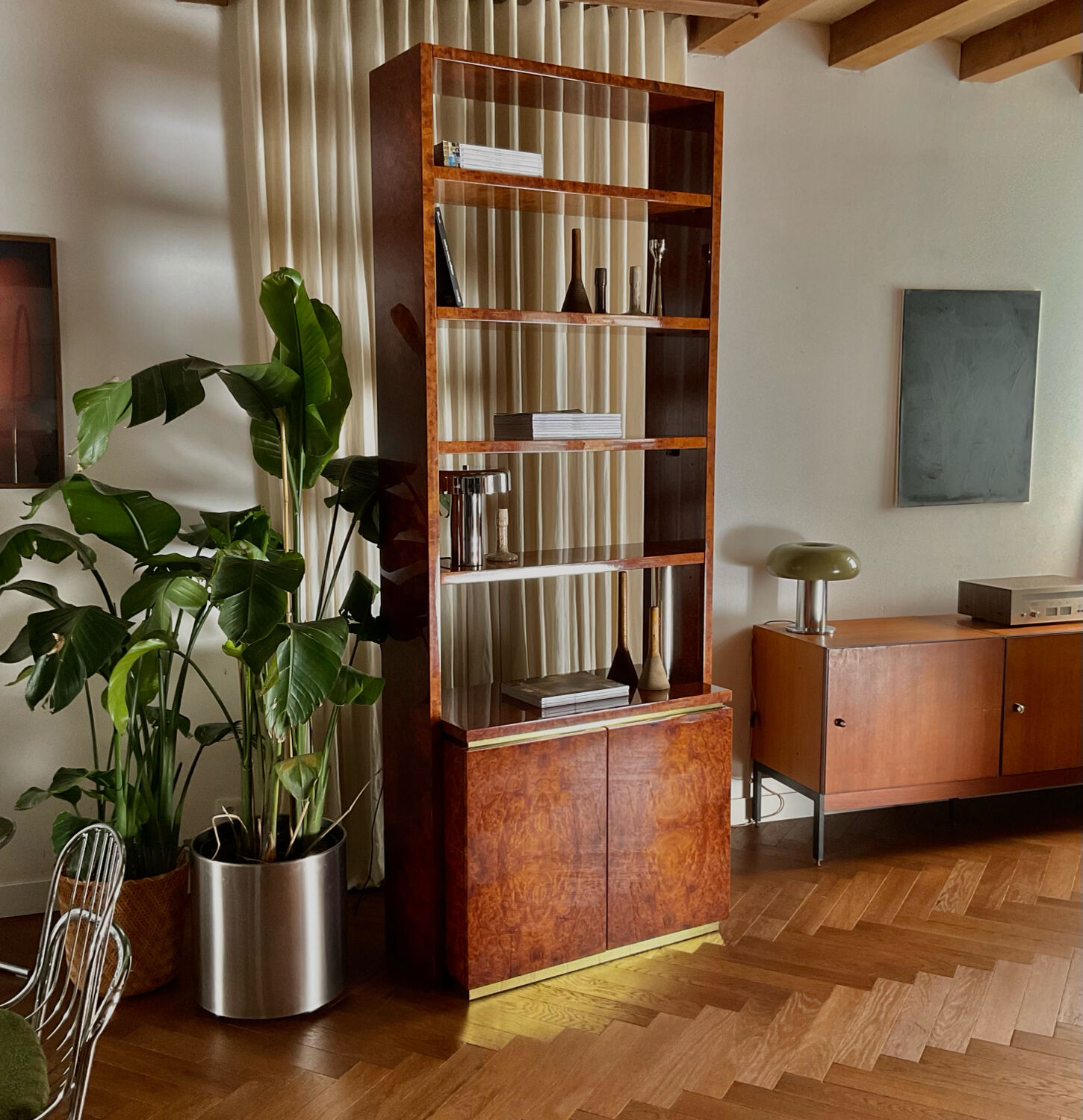 Library in lacquered elm by Jean Claude Mahey, 1970s.