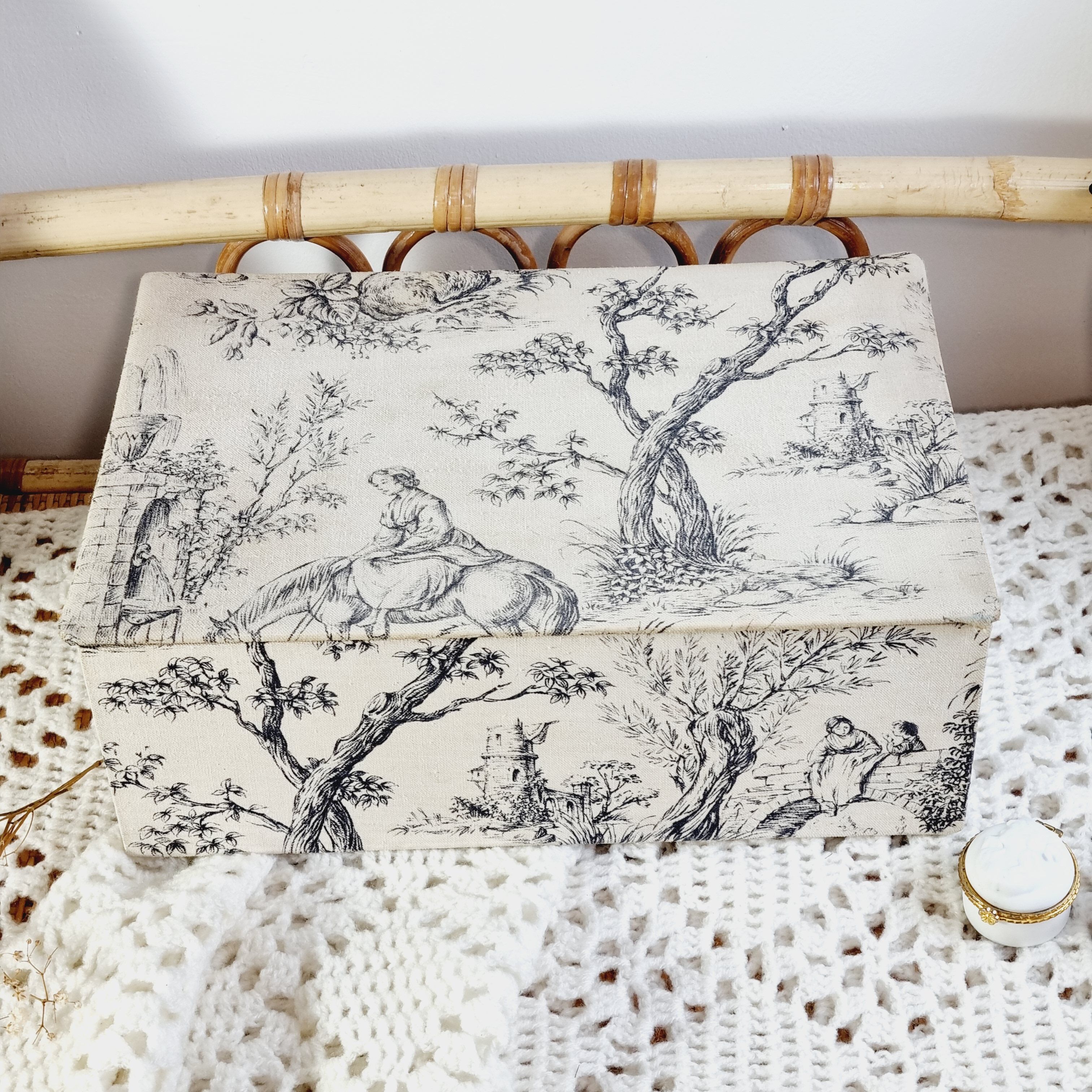 Large antique box made of toile de jouy