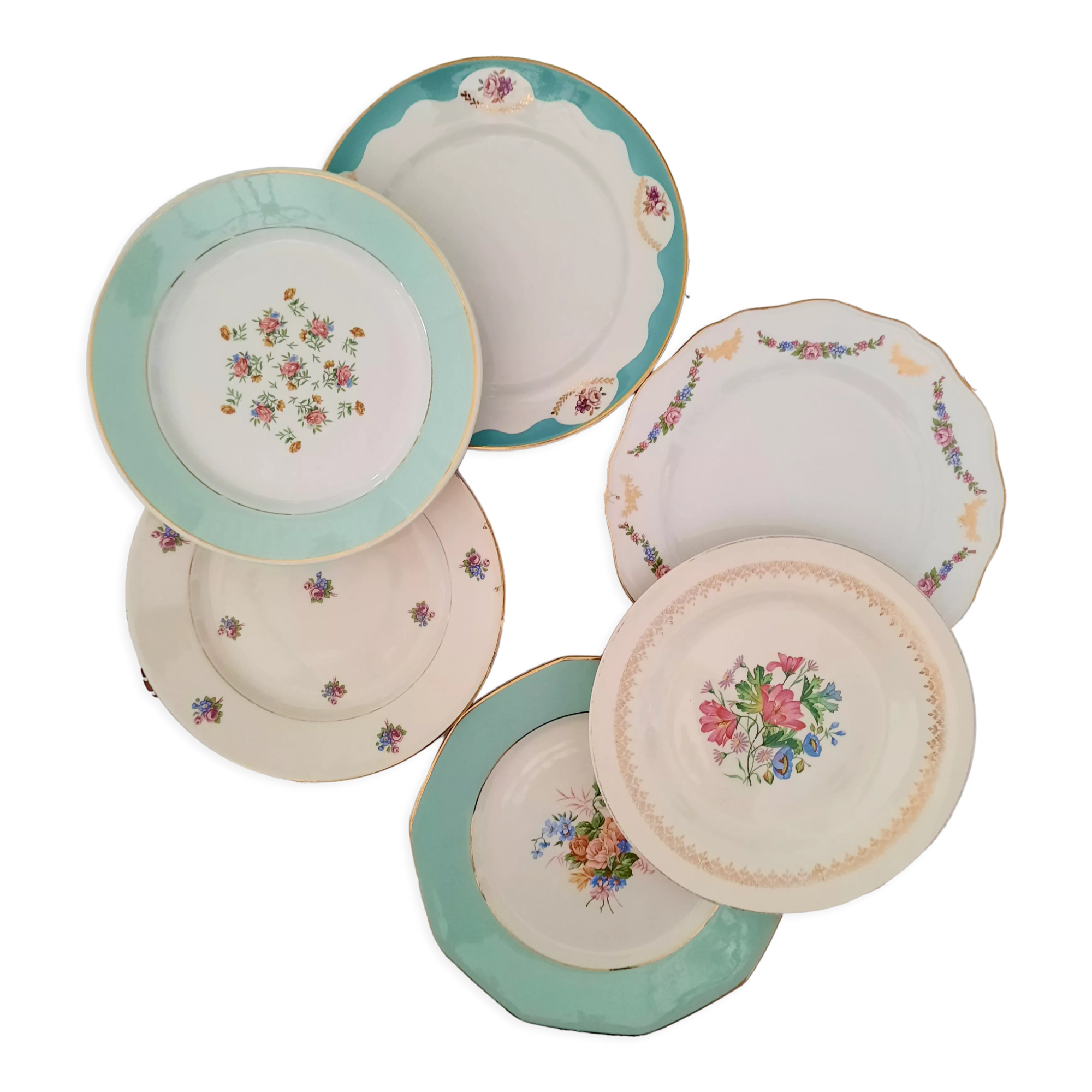 Mismatched old flat plates with gold