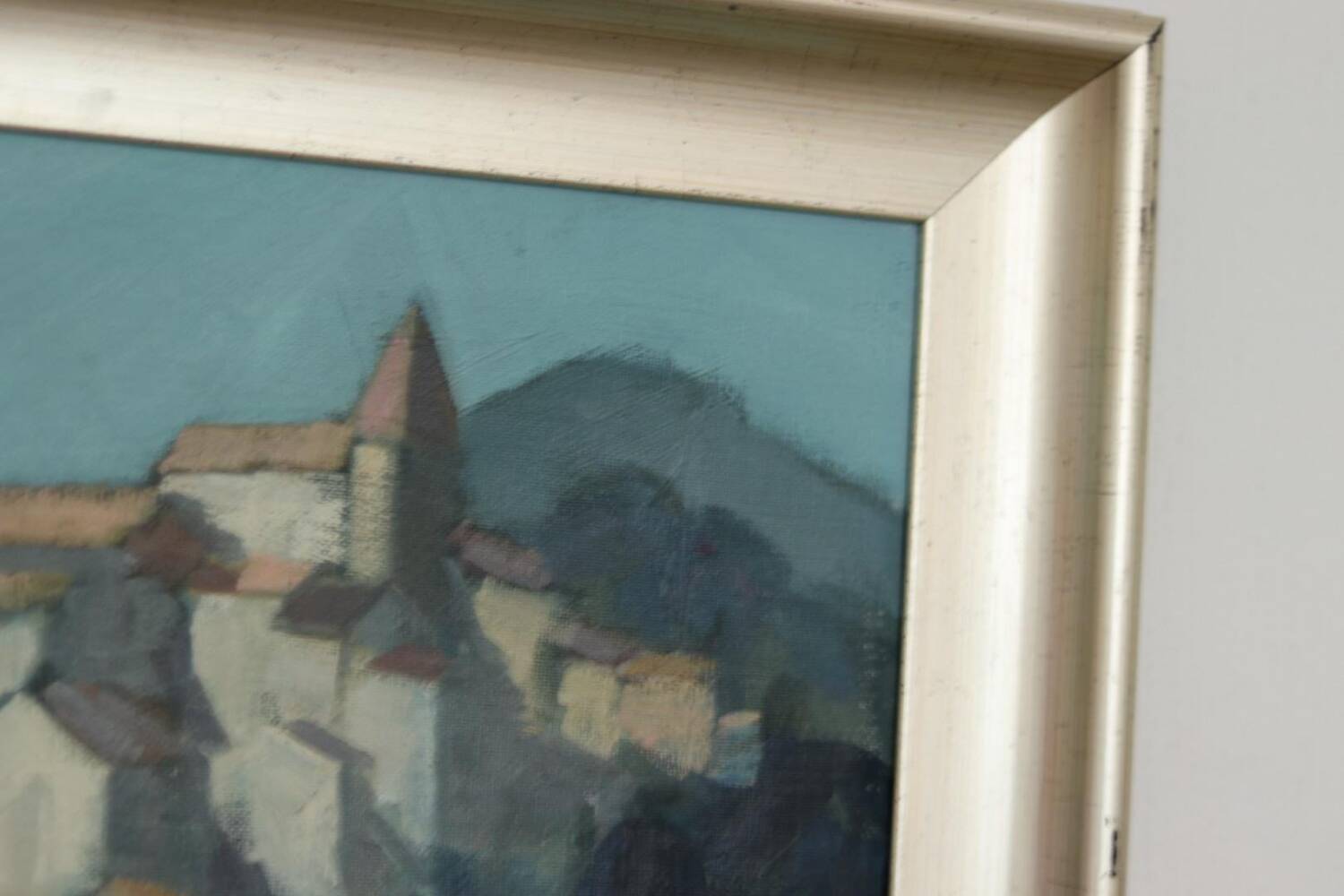 Mid Century Swedish Oil on Canvas “Village Motif” by Bengt Hillgrund