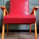 Compass leg armchair in solid beech & red crocodile-effect faux leather