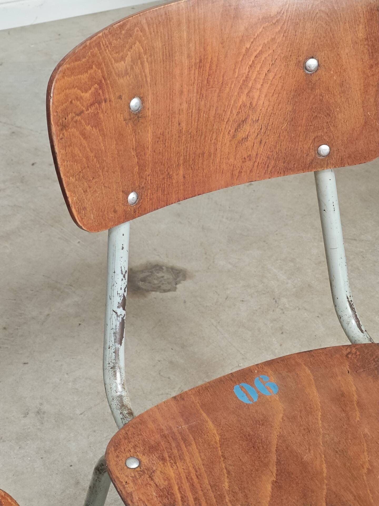 Set of 3 Czech school chairs in metal and wood.