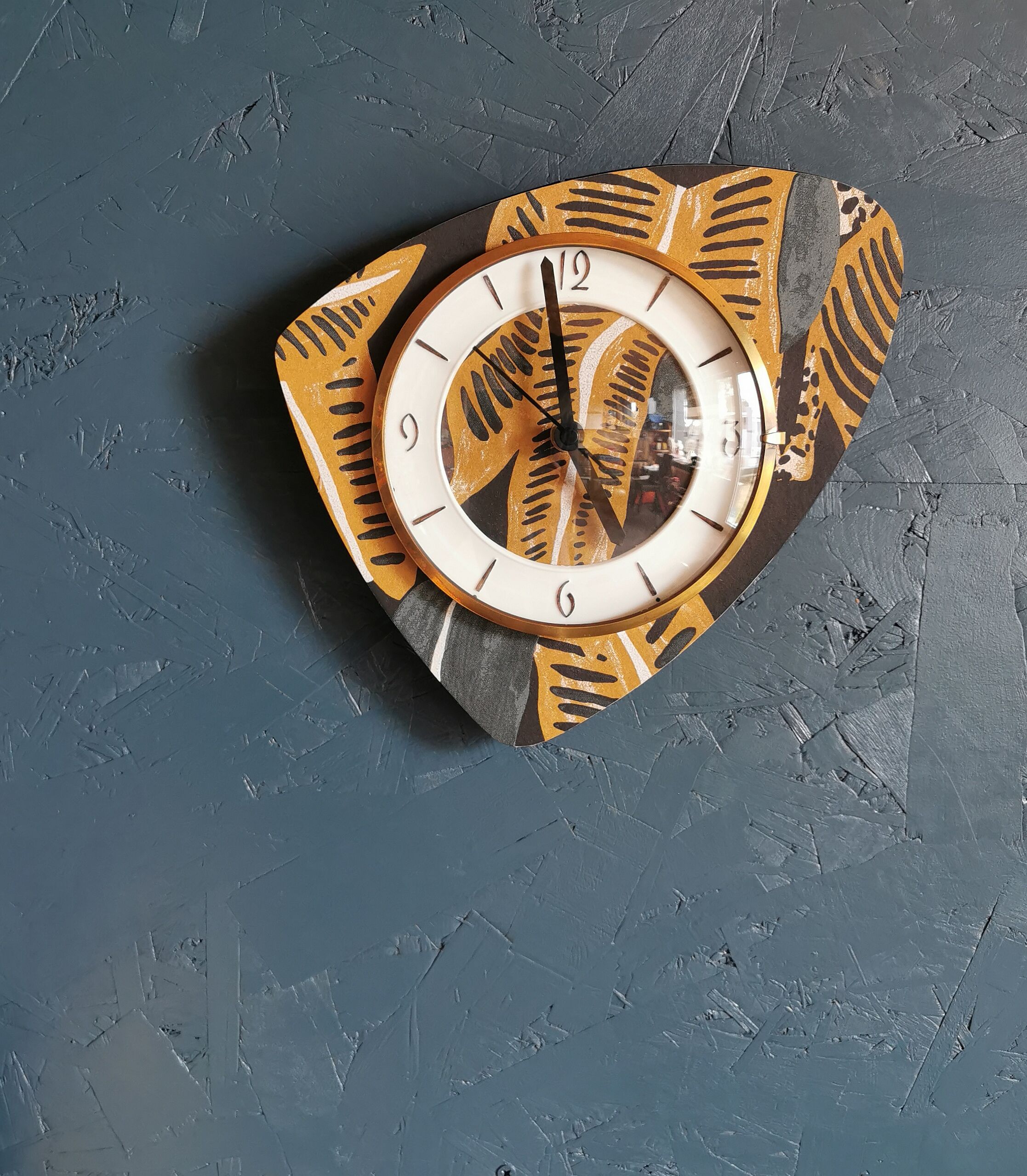 Vintage formica clock asymmetrical silent wall clock "Ochre gray black"